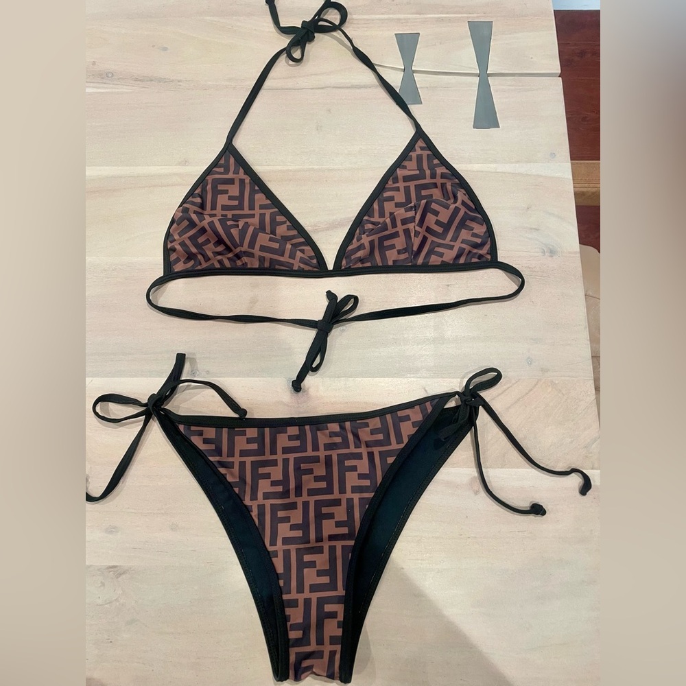 Fendi Black and Brown Logo Bikini